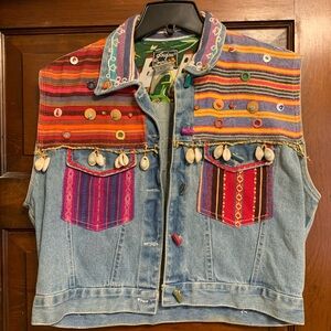 *One of a Kind* Colorful Denim Vest with Shell and Bead Accents